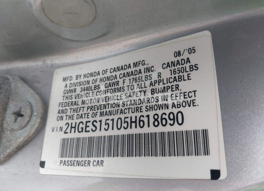 Photo 9 of 2005 Honda Civic DX (VIN 2HGES15105H618690)
