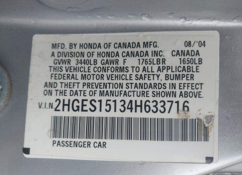 Photo 9 of 2004 Honda Civic DX (VIN 2HGES15134H633716)