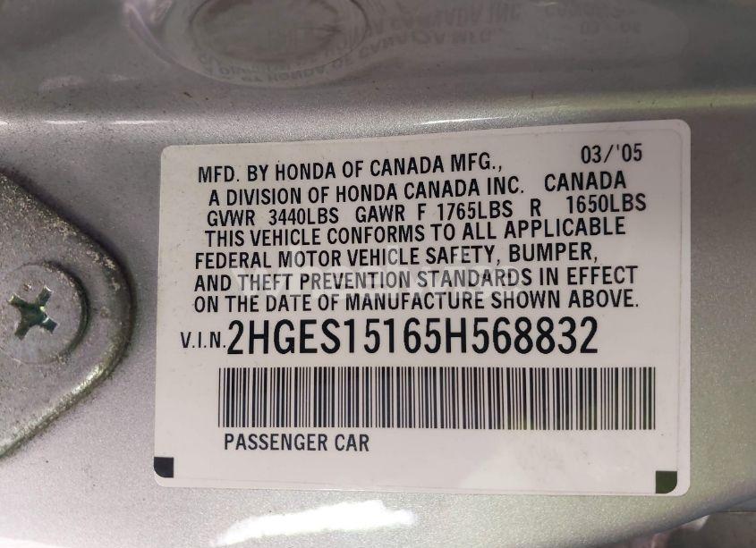 Photo 9 of 2005 Honda Civic DX (VIN 2HGES15165H568832)