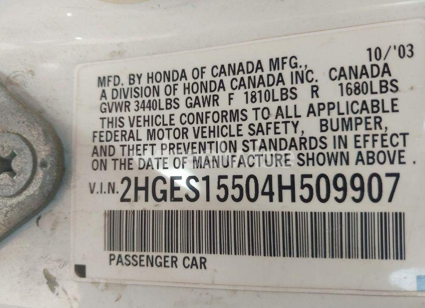 Photo 9 of 2004 Honda Civic LX (VIN 2HGES15504H509907)
