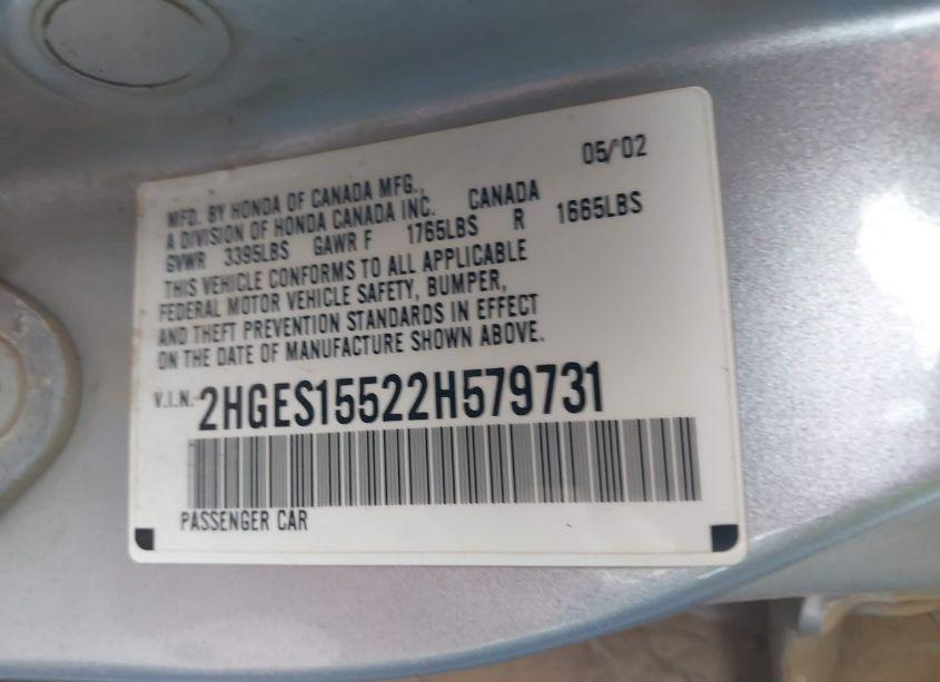 Photo 9 of 2002 Honda Civic LX (VIN 2HGES15522H579731)