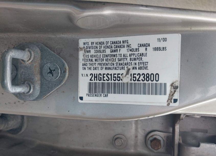 Photo 9 of 2001 Honda Civic LX (VIN 2HGES15531H523800)