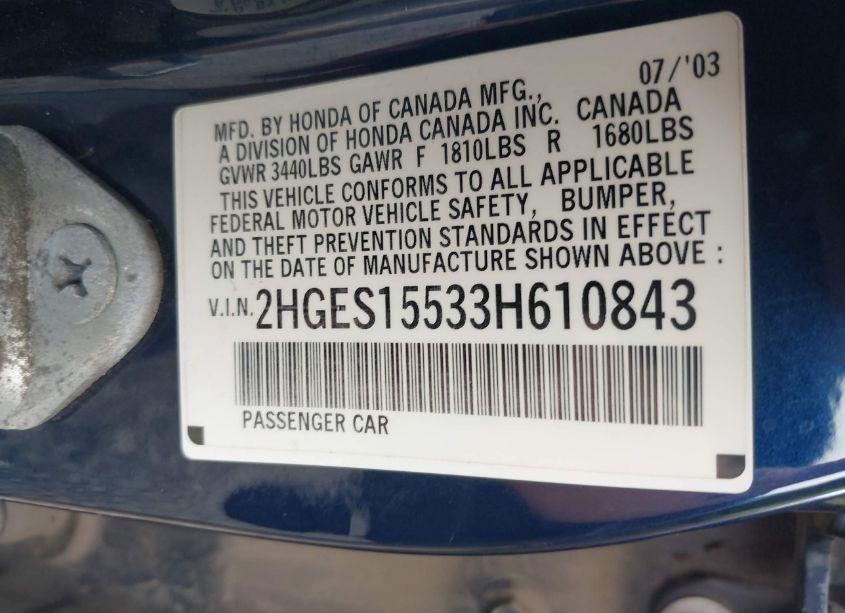 Photo 9 of 2003 Honda Civic LX (VIN 2HGES15533H610843)