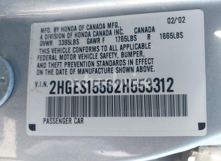 Photo 9 of 2002 Honda Civic LX (VIN 2HGES15562H553312)