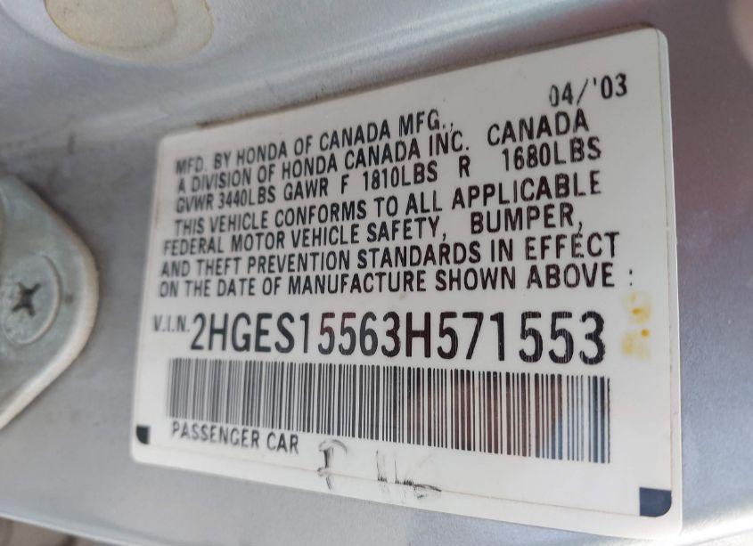 Photo 9 of 2003 Honda Civic LX (VIN 2HGES15563H571553)