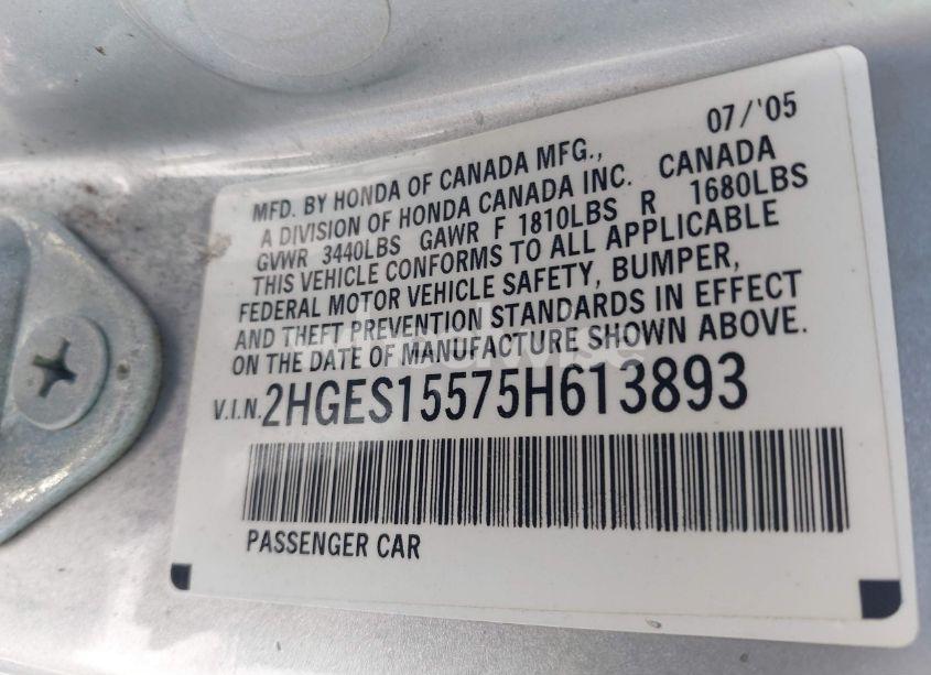 Photo 9 of 2005 Honda Civic LX (VIN 2HGES15575H613893)