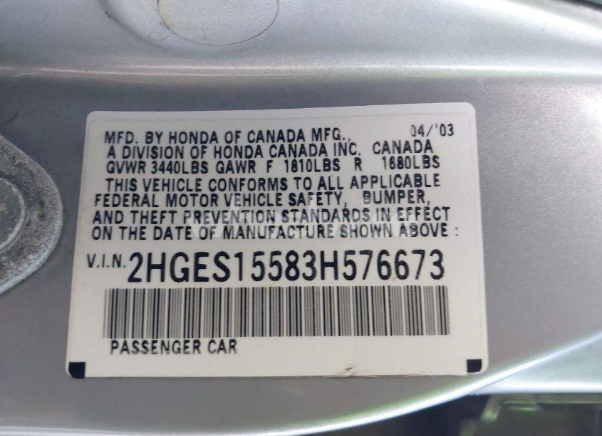 Photo 9 of 2003 Honda Civic LX (VIN 2HGES15583H576673)