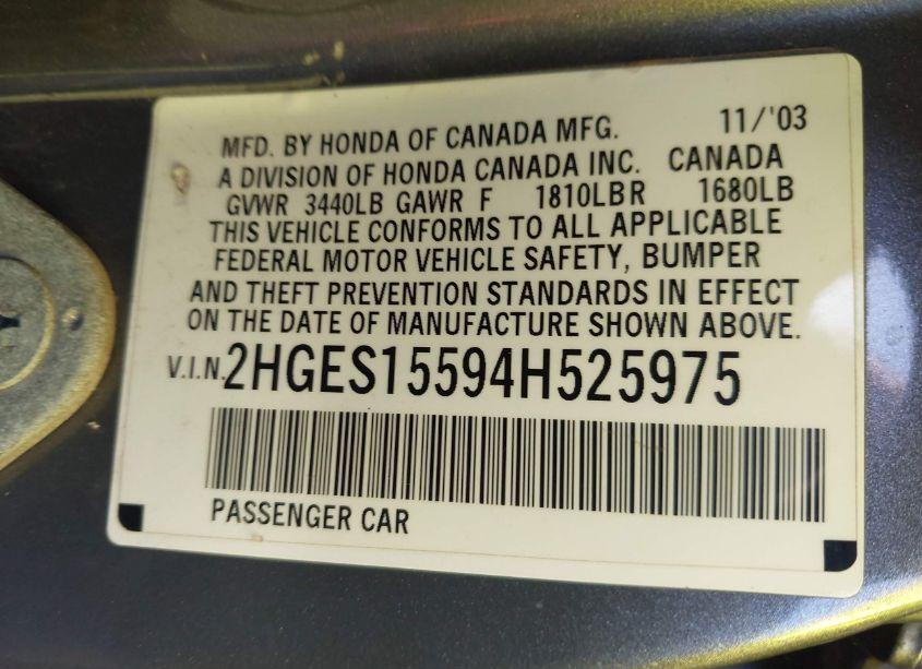 Photo 9 of 2004 Honda Civic LX (VIN 2HGES15594H525975)