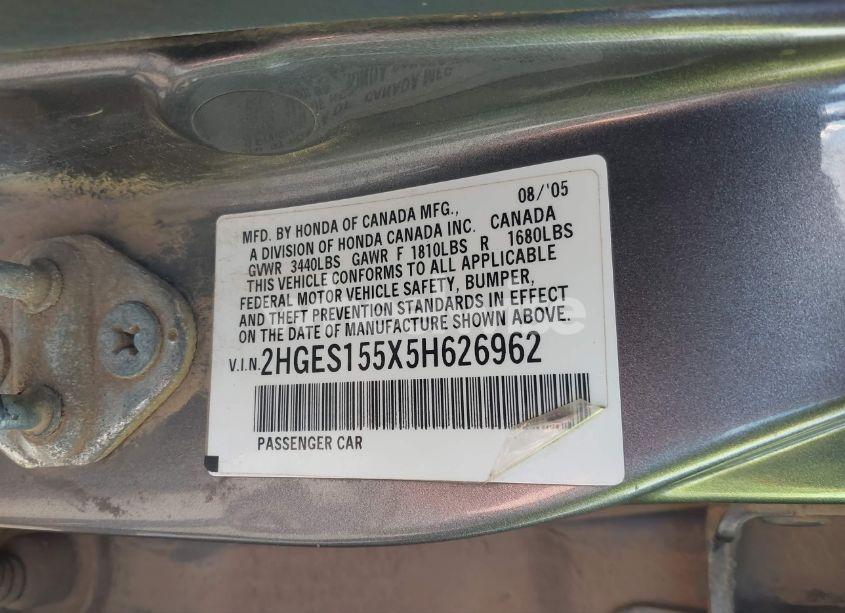 Photo 9 of 2005 Honda Civic LX (VIN 2HGES155X5H626962)