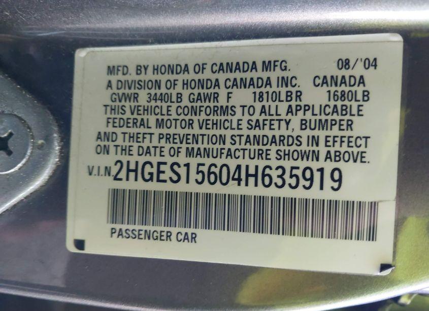 Photo 9 of 2004 Honda Civic LX (VIN 2HGES15604H635919)