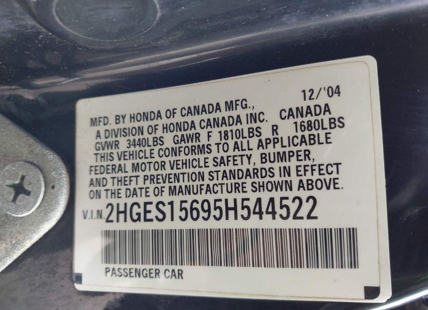 Photo 9 of 2005 Honda Civic LX (VIN 2HGES15695H544522)