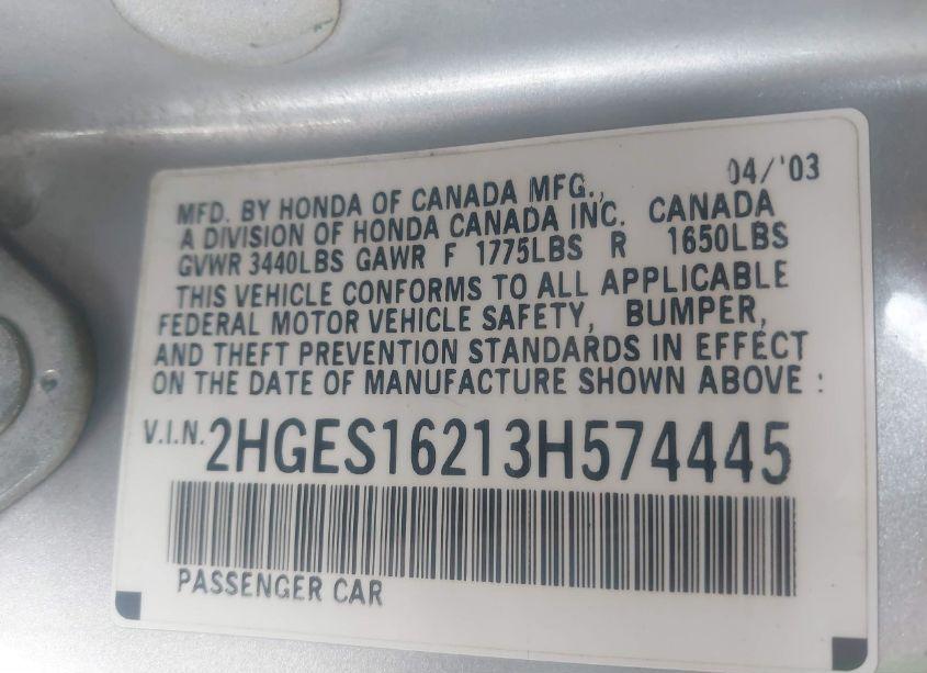 Photo 9 of 2003 Honda Civic DX (VIN 2HGES16213H574445)