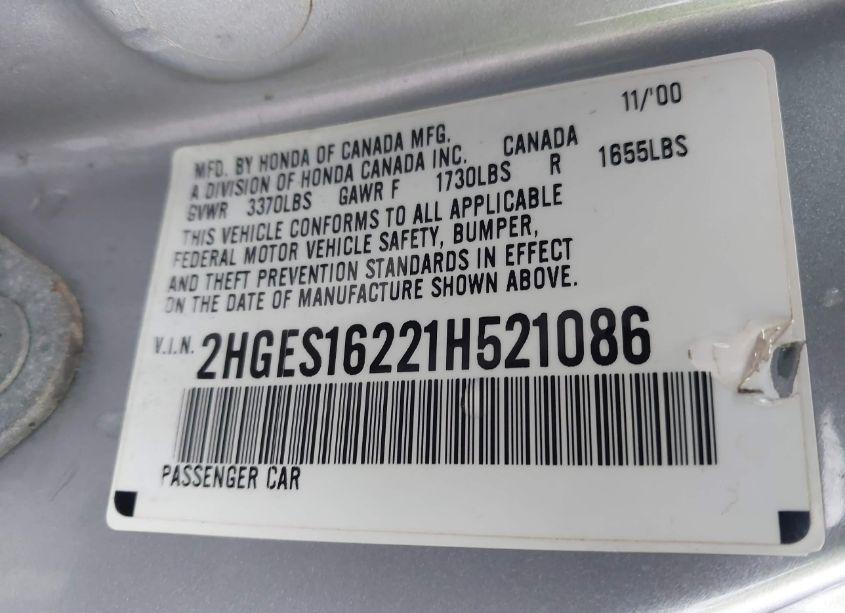 Photo 9 of 2001 Honda Civic DX (VIN 2HGES16221H521086)