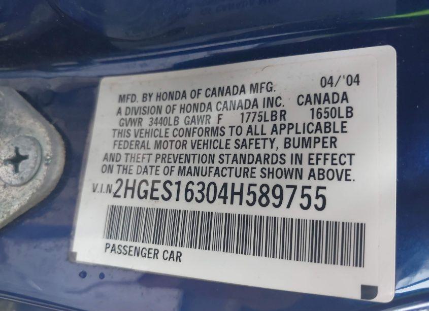 Photo 9 of 2004 Honda Civic VP (VIN 2HGES16304H589755)