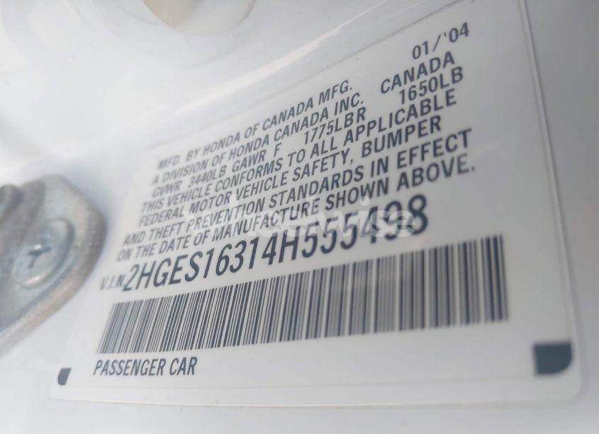 Photo 9 of 2004 Honda Civic VP (VIN 2HGES16314H555498)