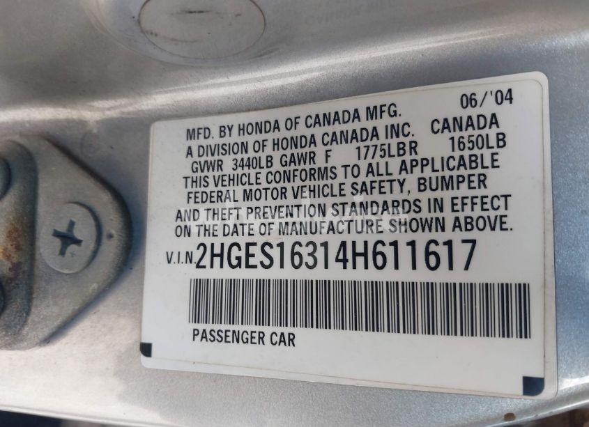 Photo 9 of 2004 Honda Civic VP (VIN 2HGES16314H611617)
