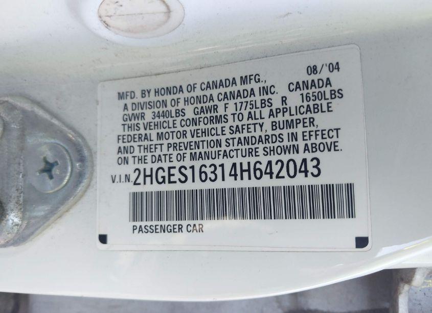 Photo 9 of 2004 Honda Civic VP (VIN 2HGES16314H642043)