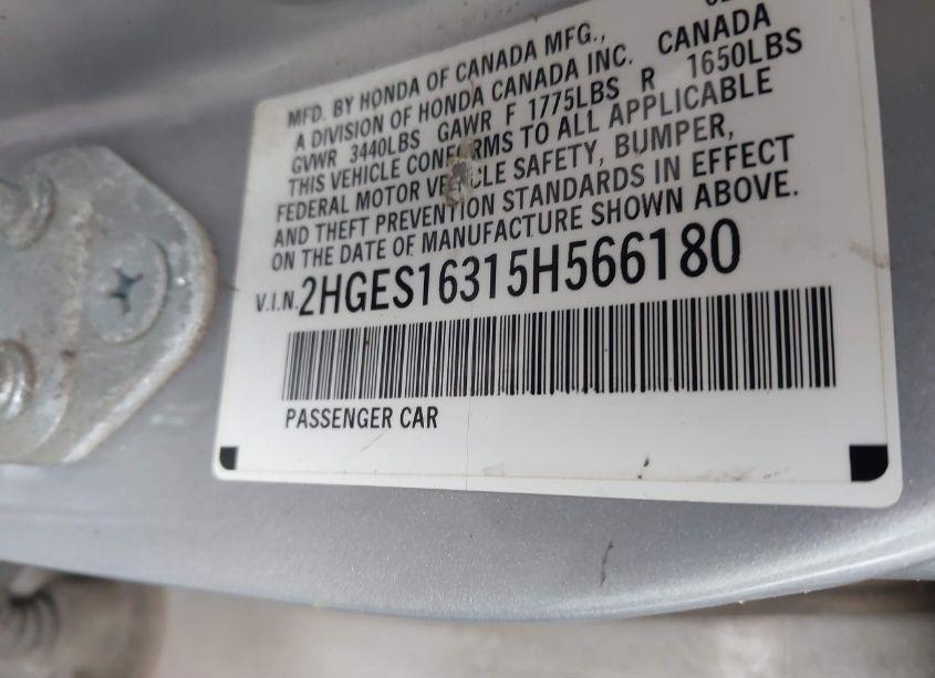 Photo 9 of 2005 Honda Civic VP (VIN 2HGES16315H566180)