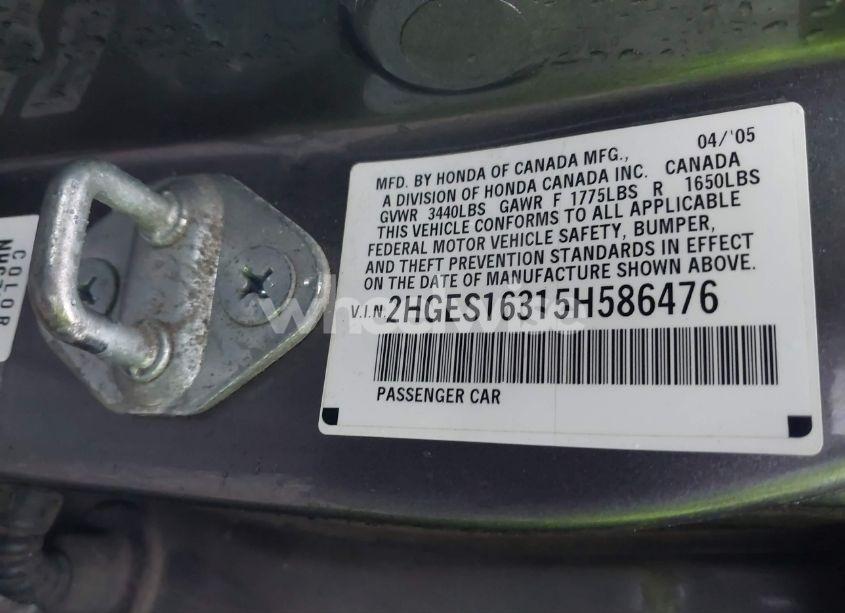 Photo 9 of 2005 Honda Civic VP (VIN 2HGES16315H586476)