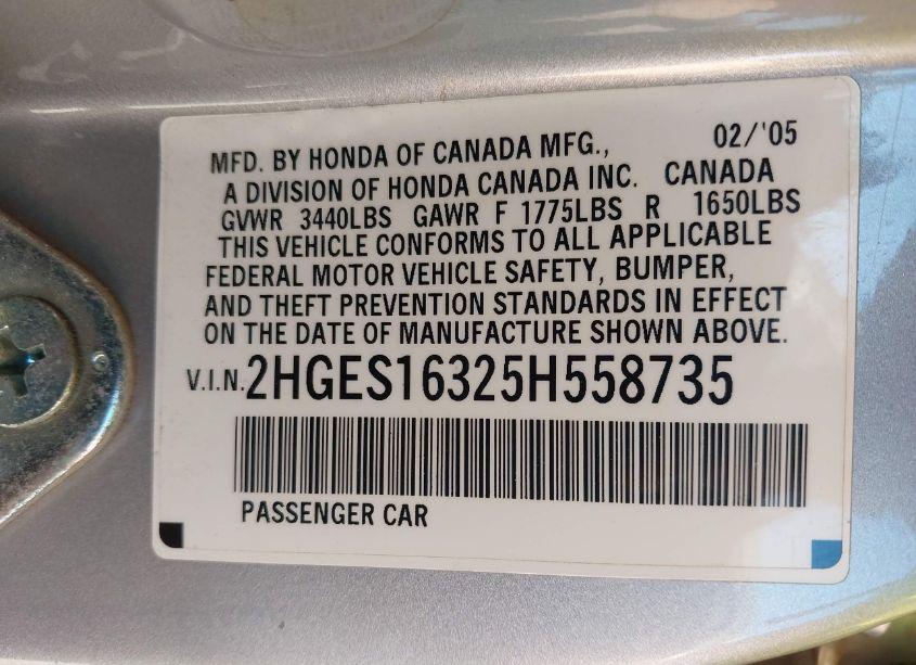 Photo 9 of 2005 Honda Civic VP (VIN 2HGES16325H558735)
