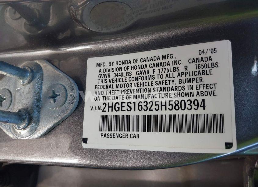 Photo 9 of 2005 Honda Civic VP (VIN 2HGES16325H580394)