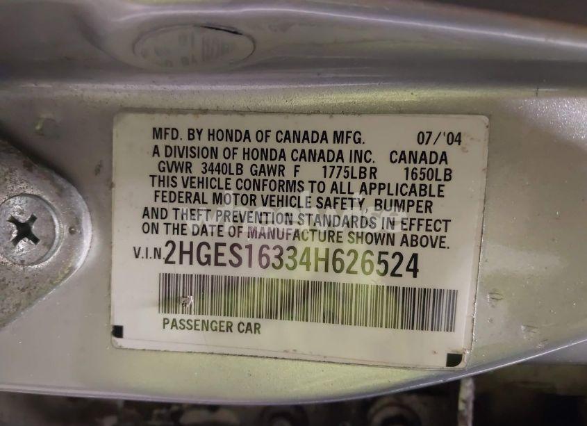 Photo 9 of 2004 Honda Civic VP (VIN 2HGES16334H626524)