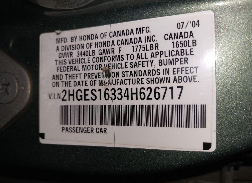 Photo 9 of 2004 Honda Civic VP (VIN 2HGES16334H626717)