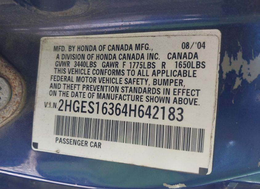 Photo 9 of 2004 Honda Civic VP (VIN 2HGES16364H642183)