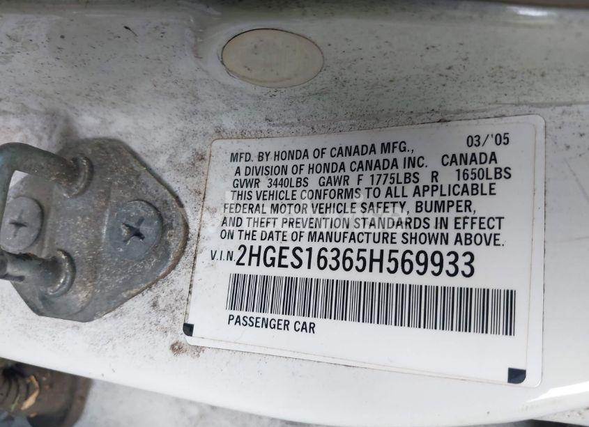 Photo 9 of 2005 Honda Civic VP (VIN 2HGES16365H569933)