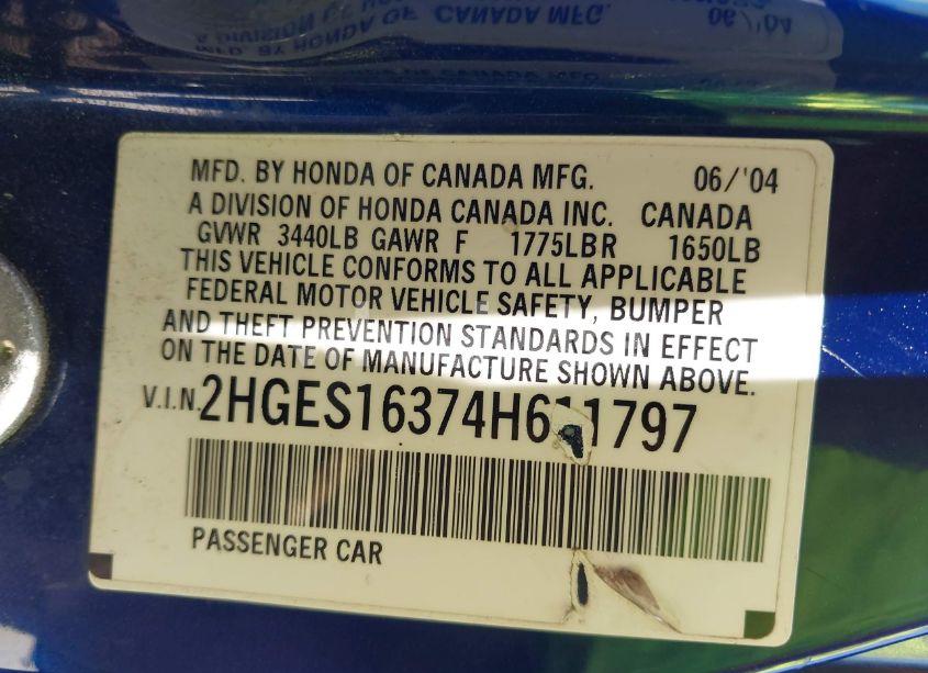 Photo 9 of 2004 Honda Civic VP (VIN 2HGES16374H611797)