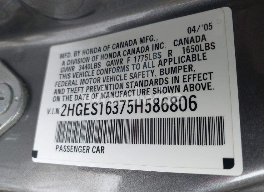 Photo 9 of 2005 Honda Civic DX VP (VIN 2HGES16375H586806)