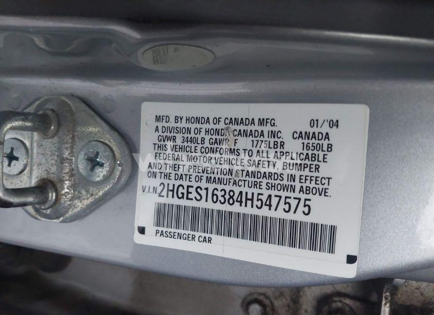 Photo 9 of 2004 Honda Civic VP (VIN 2HGES16384H547575)