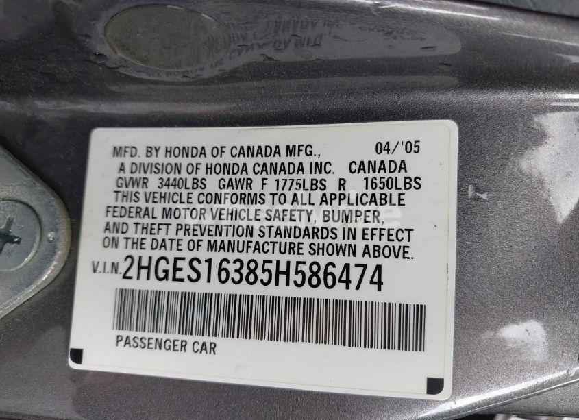 Photo 9 of 2005 Honda Civic VP (VIN 2HGES16385H586474)
