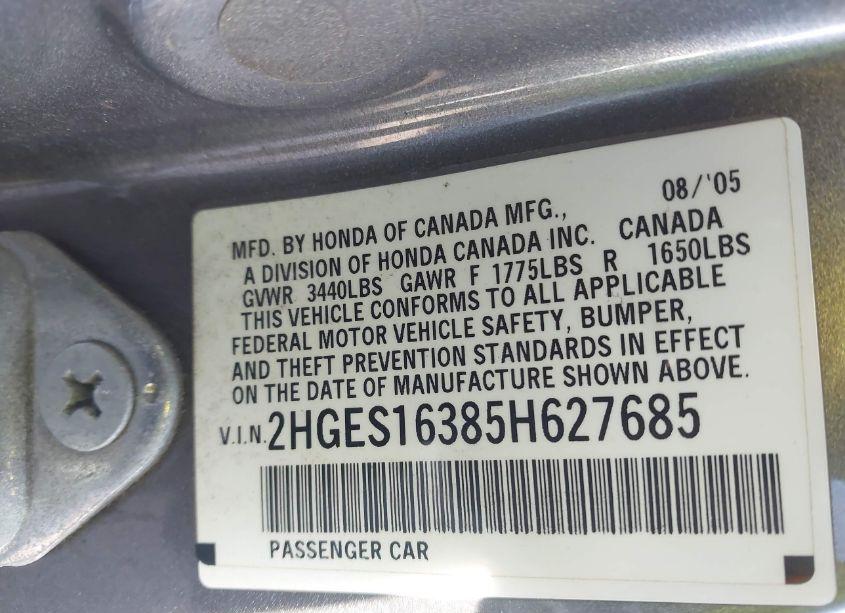 Photo 9 of 2005 Honda Civic VP (VIN 2HGES16385H627685)