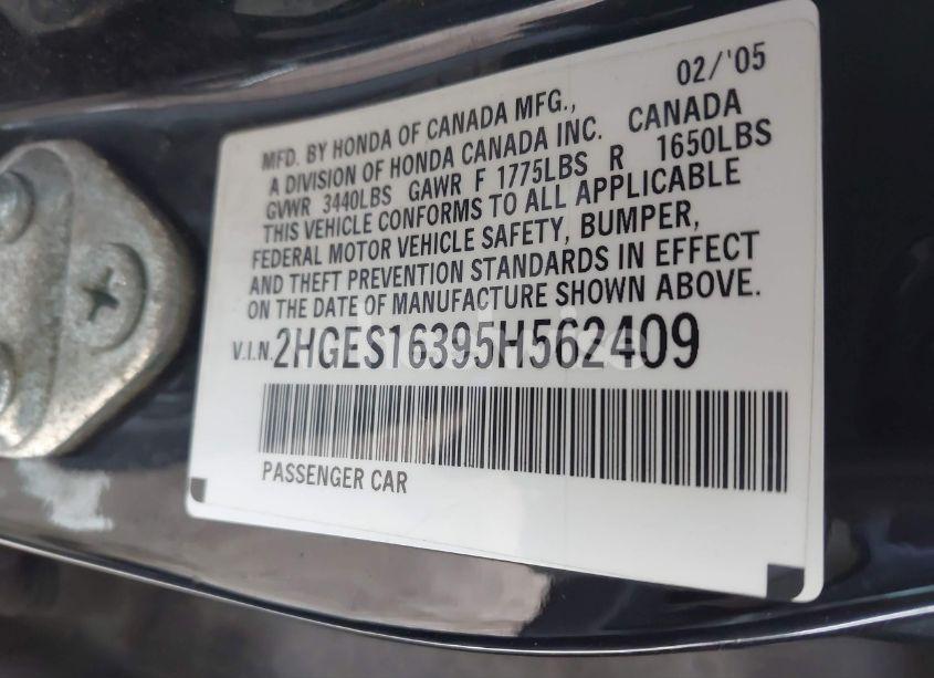 Photo 9 of 2005 Honda Civic VP (VIN 2HGES16395H562409)