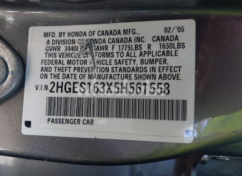 Photo 9 of 2005 Honda Civic VP (VIN 2HGES163X5H561558)