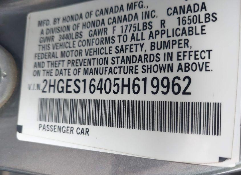 Photo 9 of 2005 Honda Civic VP (VIN 2HGES16405H619962)