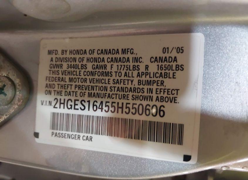 Photo 9 of 2005 Honda Civic VP (VIN 2HGES16455H550606)
