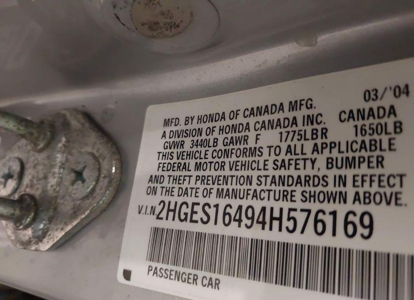 Photo 9 of 2004 Honda Civic VP (VIN 2HGES16494H576169)