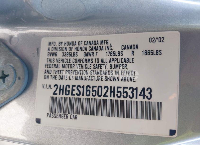 Photo 9 of 2002 Honda Civic LX (VIN 2HGES16502H553143)