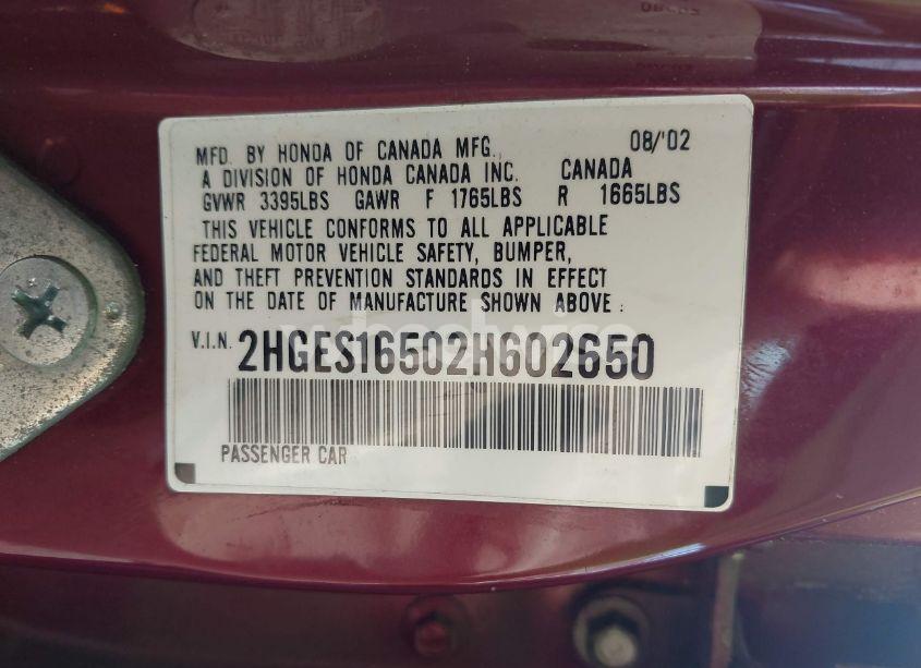 Photo 9 of 2002 Honda Civic LX (VIN 2HGES16502H602650)
