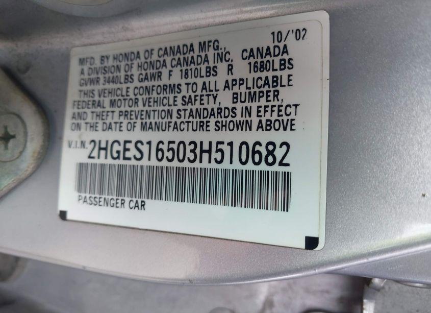 Photo 9 of 2003 Honda Civic LX (VIN 2HGES16503H510682)