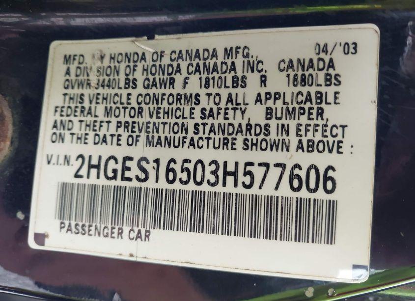 Photo 9 of 2003 Honda Civic LX (VIN 2HGES16503H577606)