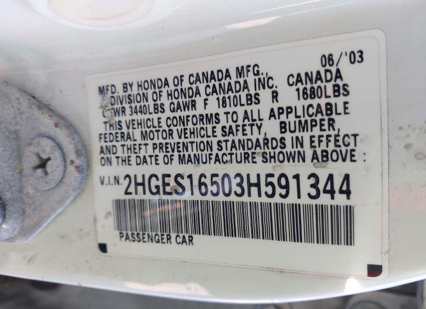 Photo 9 of 2003 Honda Civic LX (VIN 2HGES16503H591344)