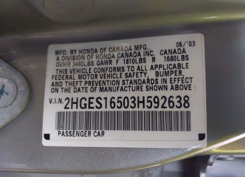 Photo 9 of 2003 Honda Civic LX (VIN 2HGES16503H592638)