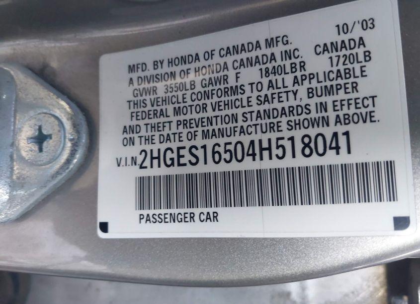 Photo 9 of 2004 Honda Civic LX (VIN 2HGES16504H518041)