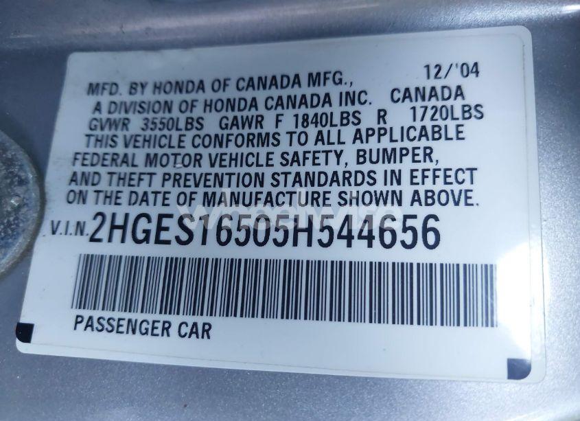 Photo 9 of 2005 Honda Civic LX (VIN 2HGES16505H544656)