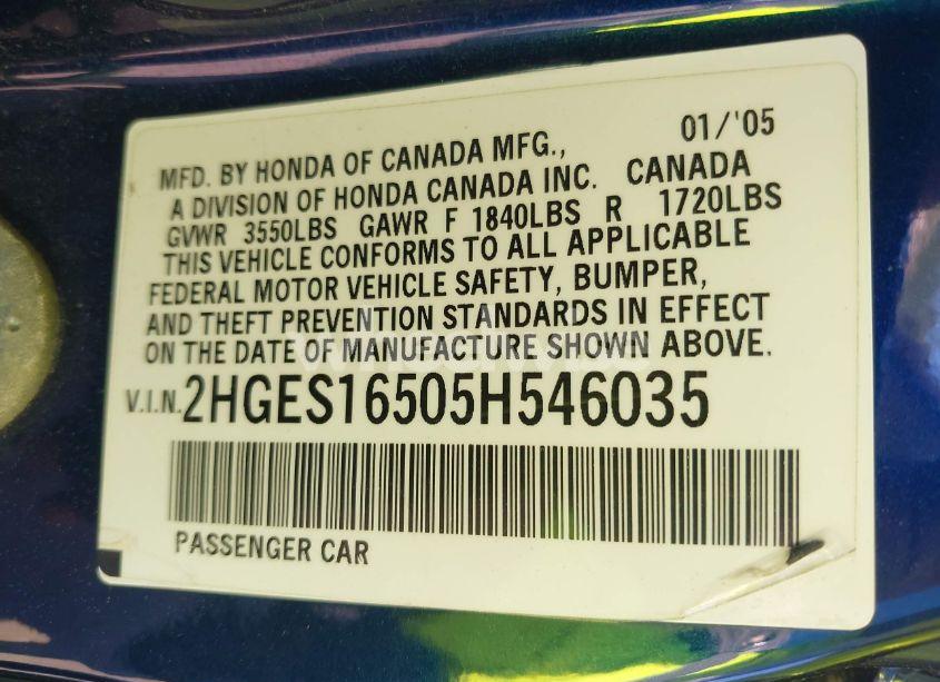 Photo 9 of 2005 Honda Civic LX (VIN 2HGES16505H546035)