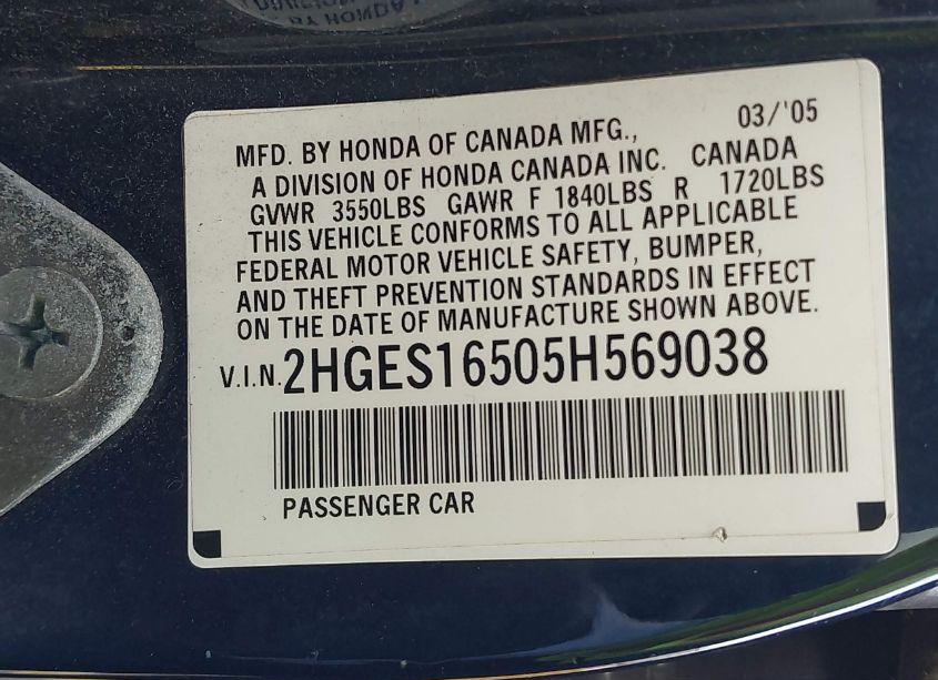 Photo 9 of 2005 Honda Civic LX (VIN 2HGES16505H569038)