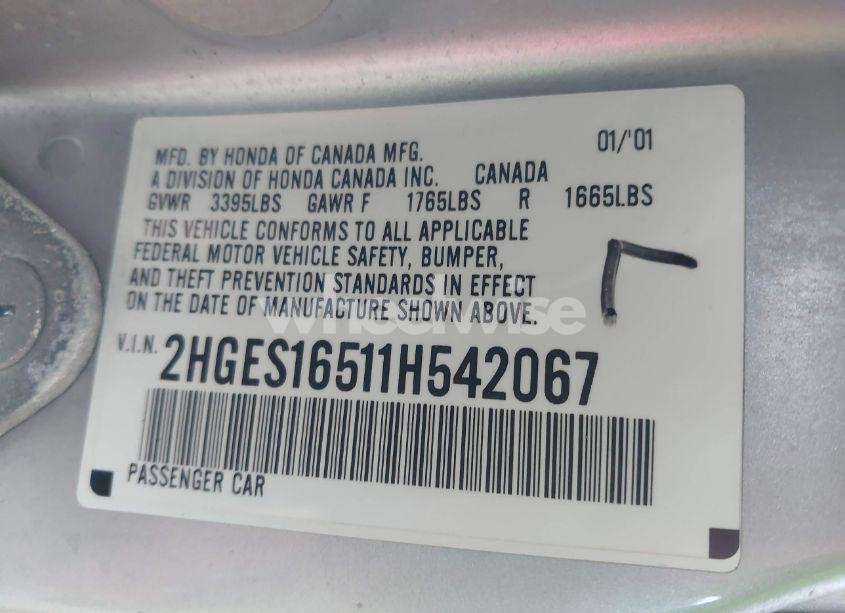 Photo 9 of 2001 Honda Civic LX (VIN 2HGES16511H542067)